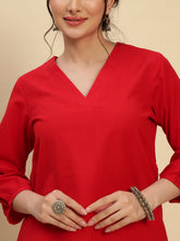 Red Cotton Flax Fabric Regular Fit V-Neck Co-Ord Set for Women